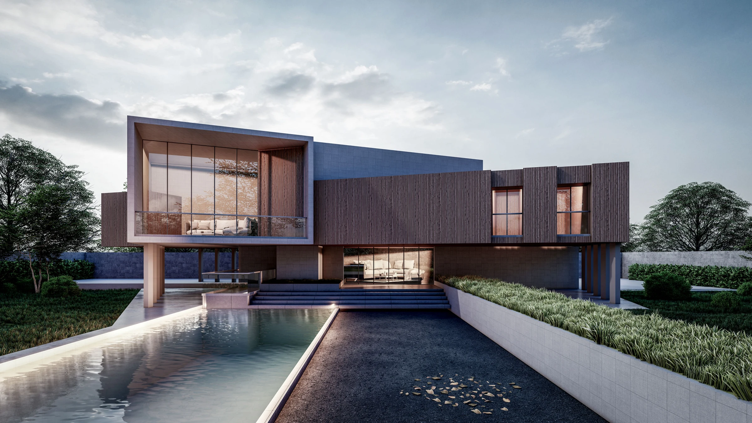 Modern courtyard house, warm timber and a long pool