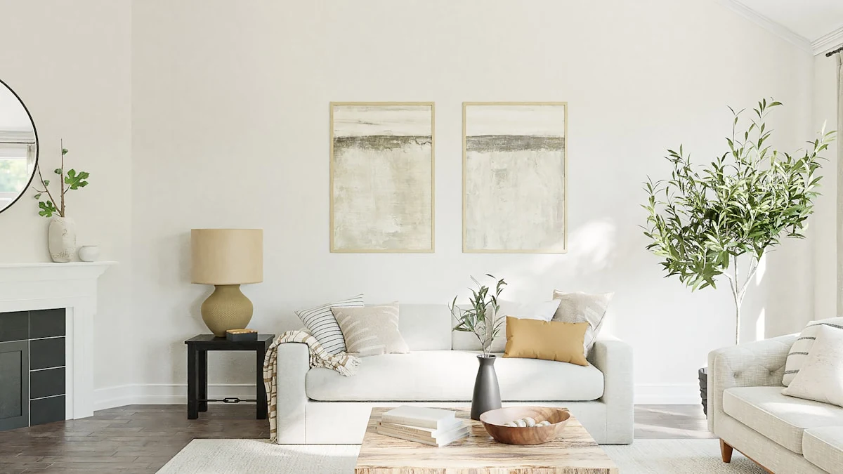 Villa Solano interior, with seating arranged beside tall windows