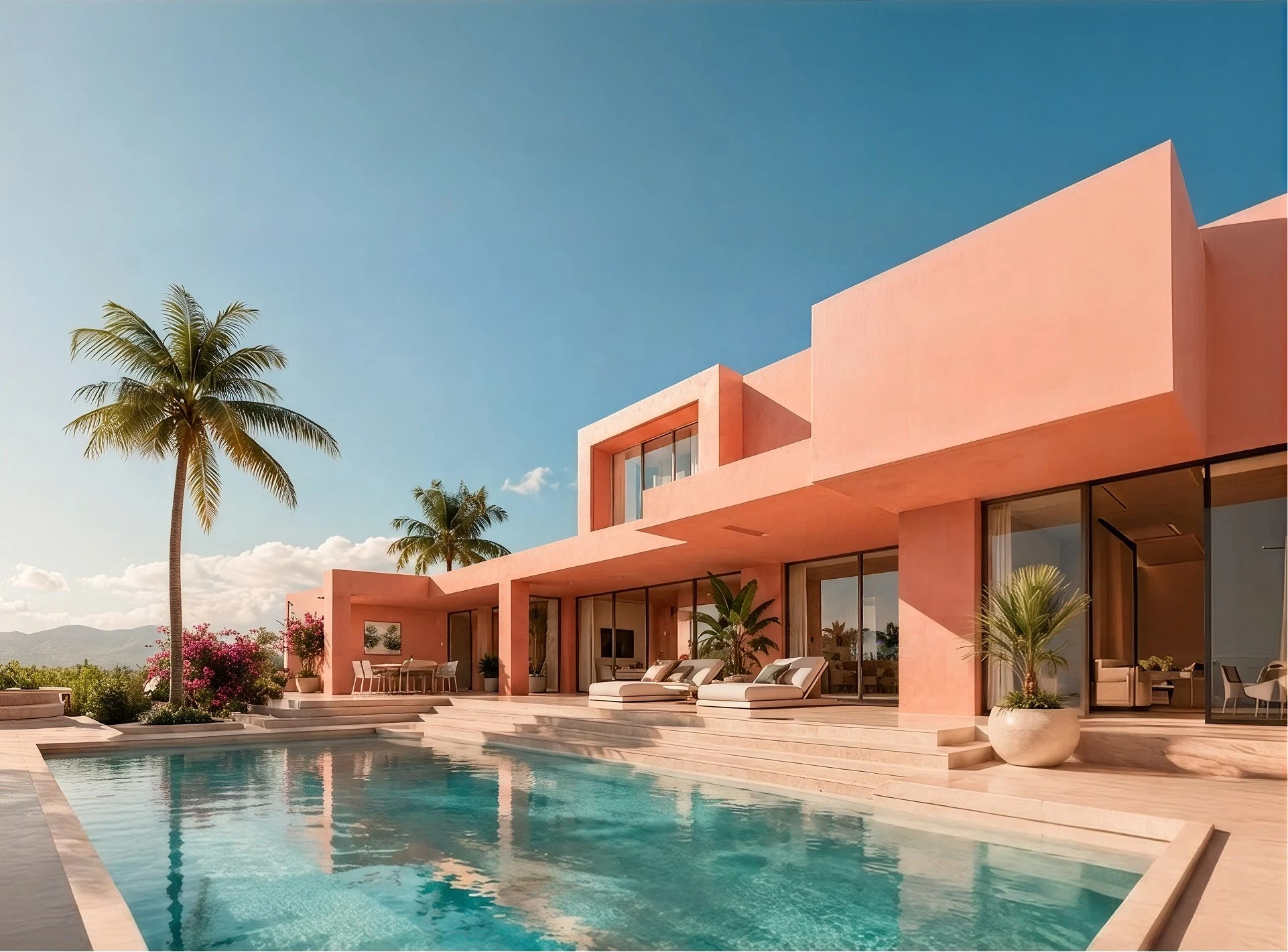 Peach-coloured modern residence, palms and blue pool water