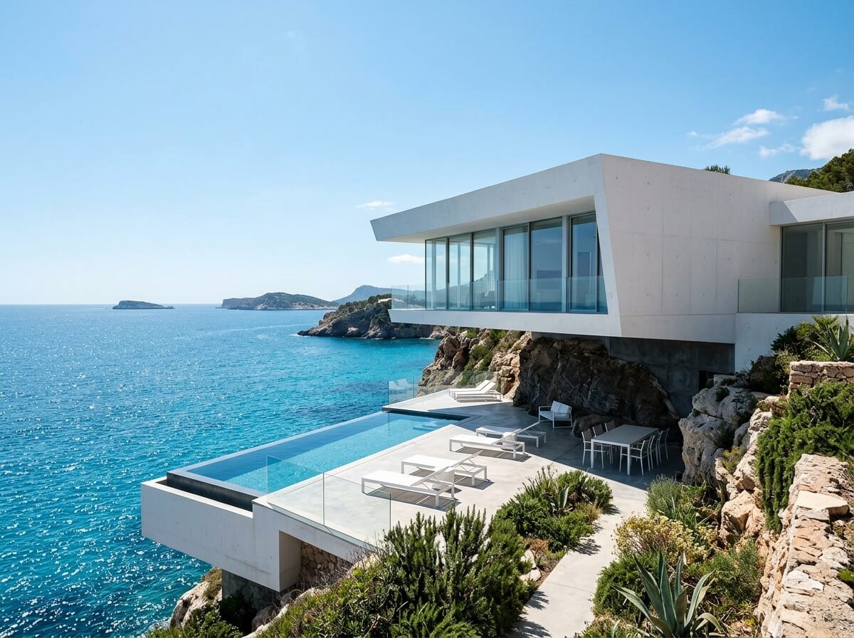 The Ridgeline House above a blue coastal view