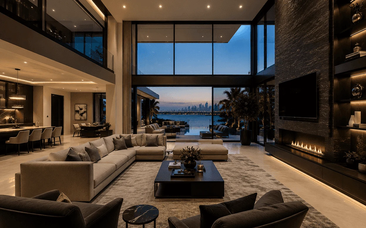 Maison de la Mer: double-height living room opening toward the water