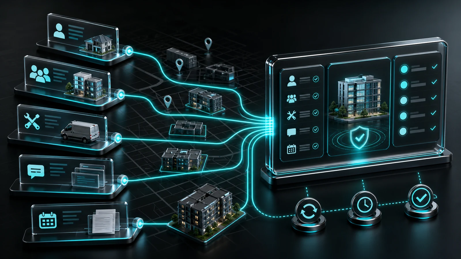 Dark graphite editorial visual for a Real Estate CRM Cleanup case review, showing clean records, duplicate prevention, and pipeline review cues.