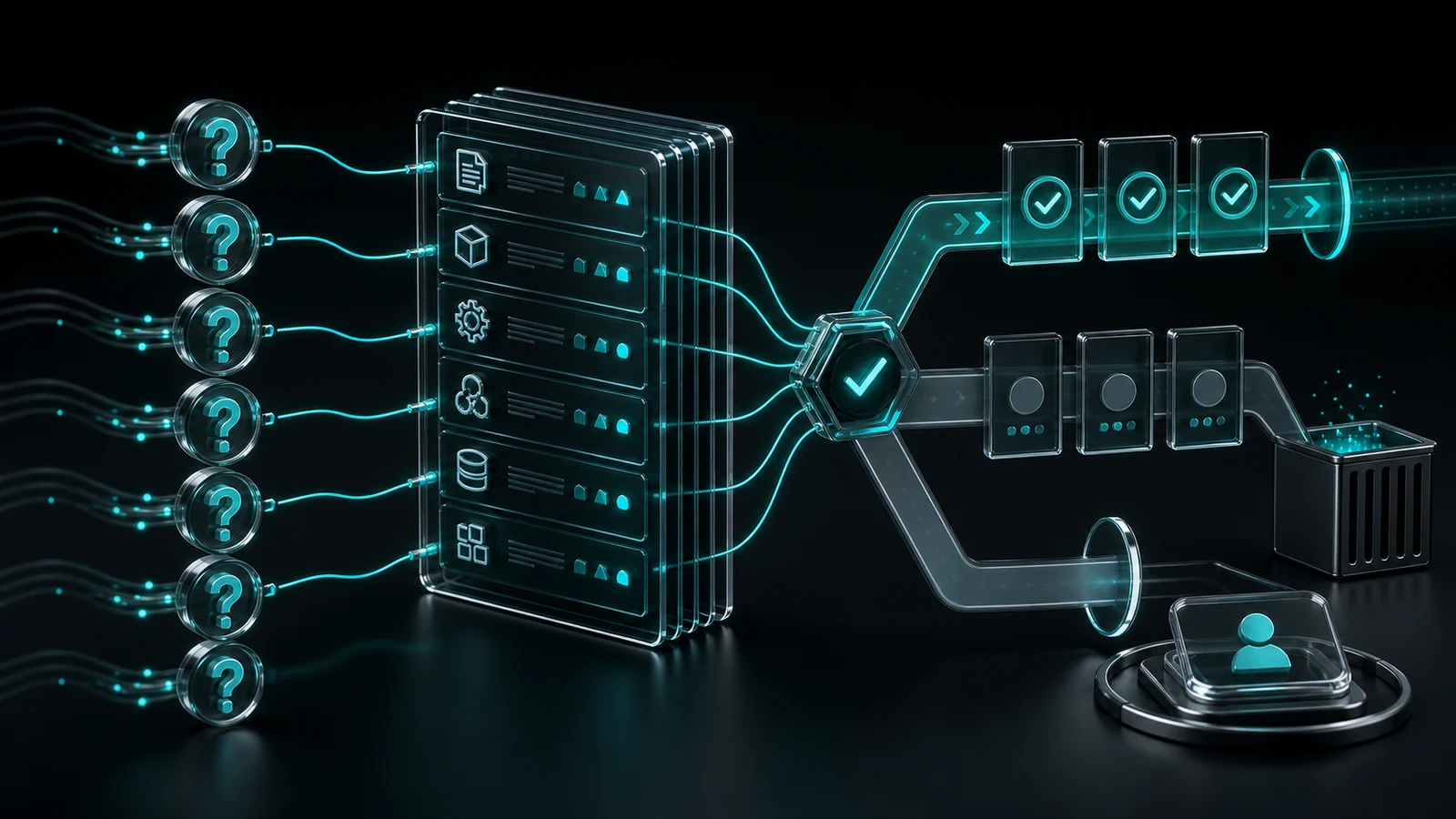 Dark graphite editorial visual for a Professional Services Knowledge System case review, showing approved answer sources, question intake, and review boundaries.