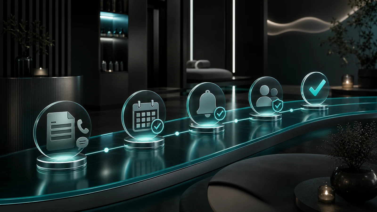Dark graphite editorial visual for a Med Spa Appointment Scheduling case review, showing booking readiness, confirmation steps, and handoff cues.