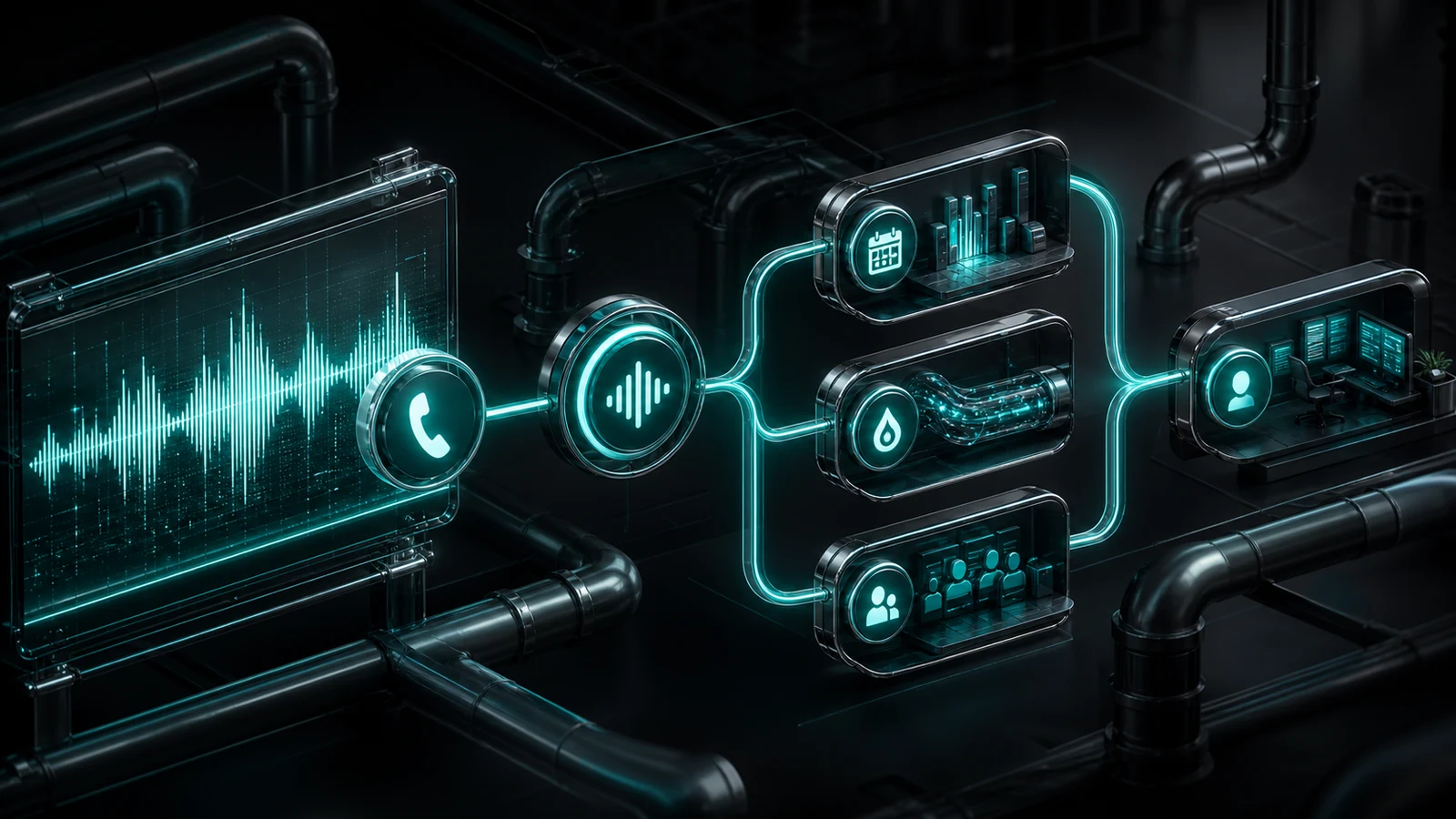Dark graphite editorial visual for a Plumbing AI Receptionist case review, showing call handling, intake review, and escalation cues.