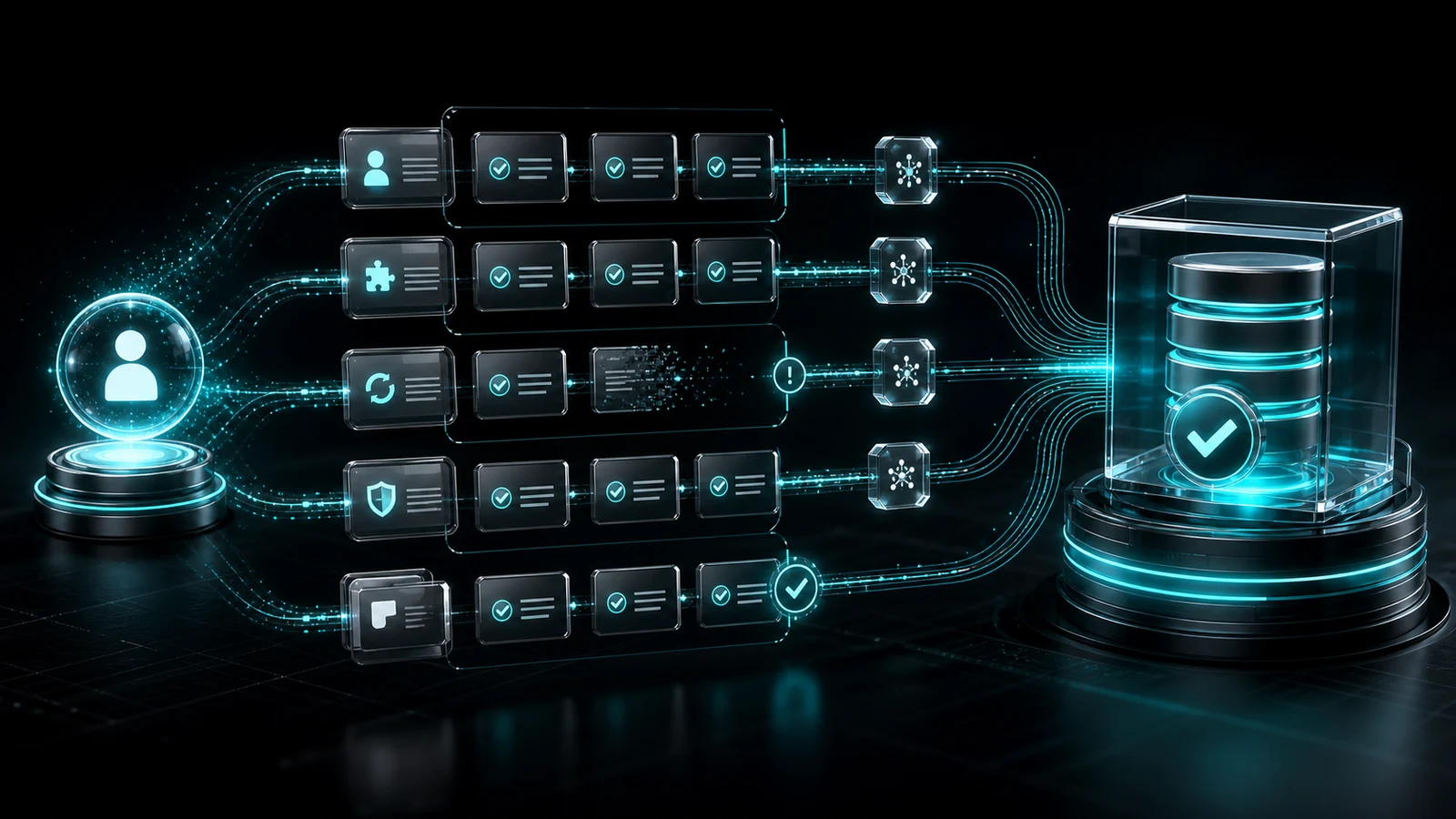 Dark graphite editorial visual for a Home Services CRM Cleanup case review, showing clean records, duplicate prevention, and pipeline review cues.